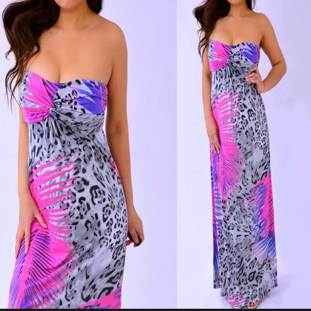 VENUS Women’s Long Maxi Dress Medium Leopard Print Floral Tube Strapless Empire